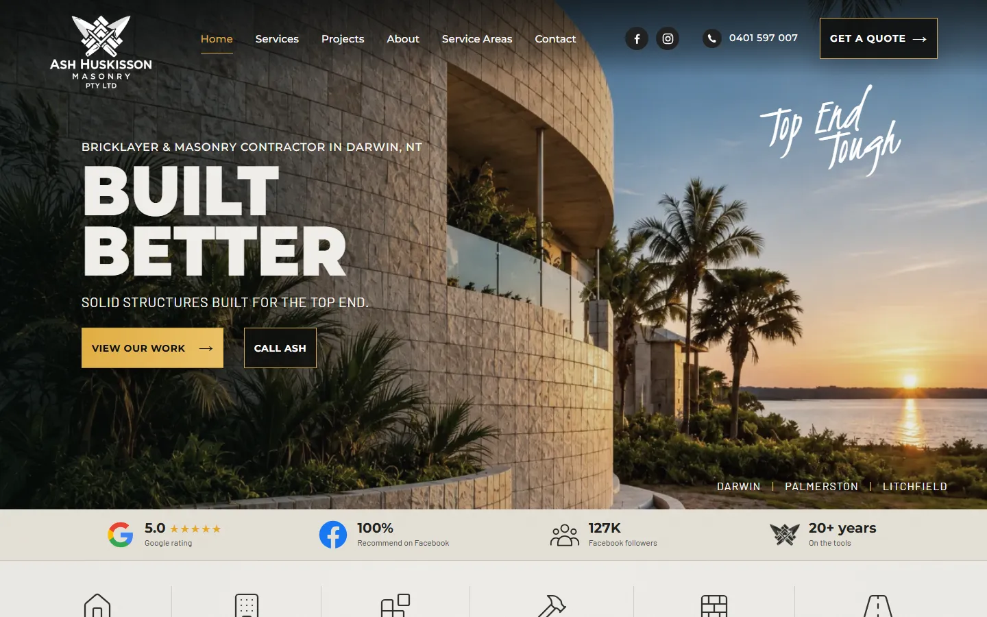 The Ash Huskisson Masonry homepage: a Darwin bricklayer’s site with a Call Ash button, a Get a quote button, a Projects page and the areas it serves.